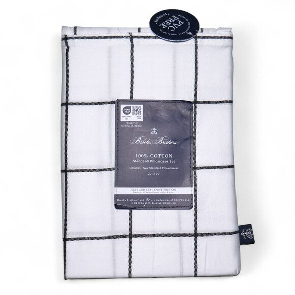 BROOKS BROTHERS 2 Pack 100% Cotton Pillowcases Windowpane Plaid in White and Nav - Picture 6 of 7